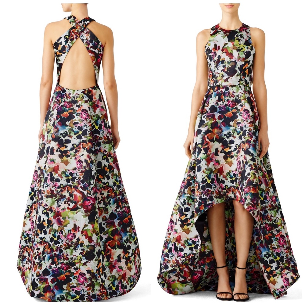 Monique Lhuillier Multicolor Floral Halter High-Low Maxi Dress